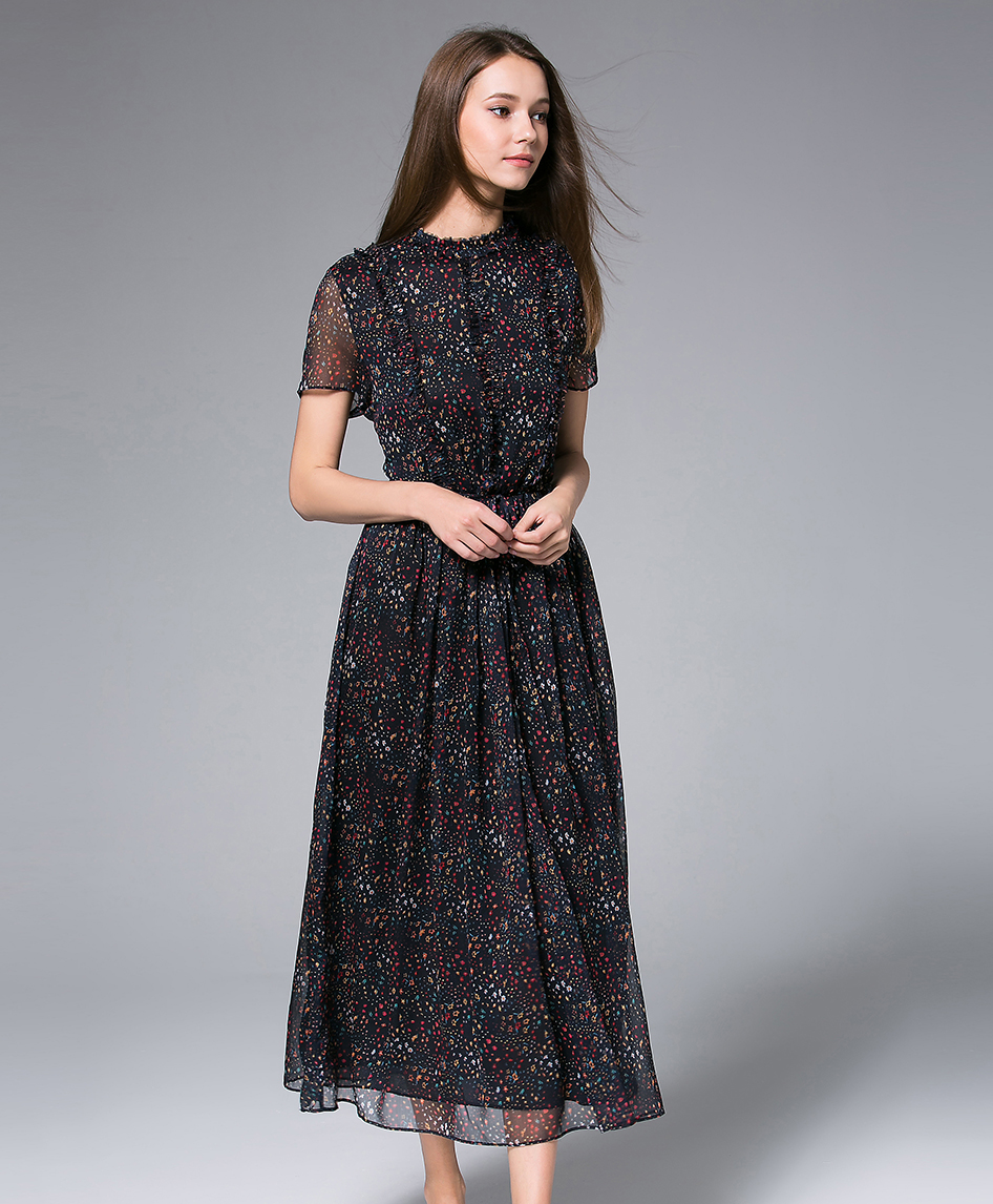 Dress - Black Printed Chiffon Maxi Dress